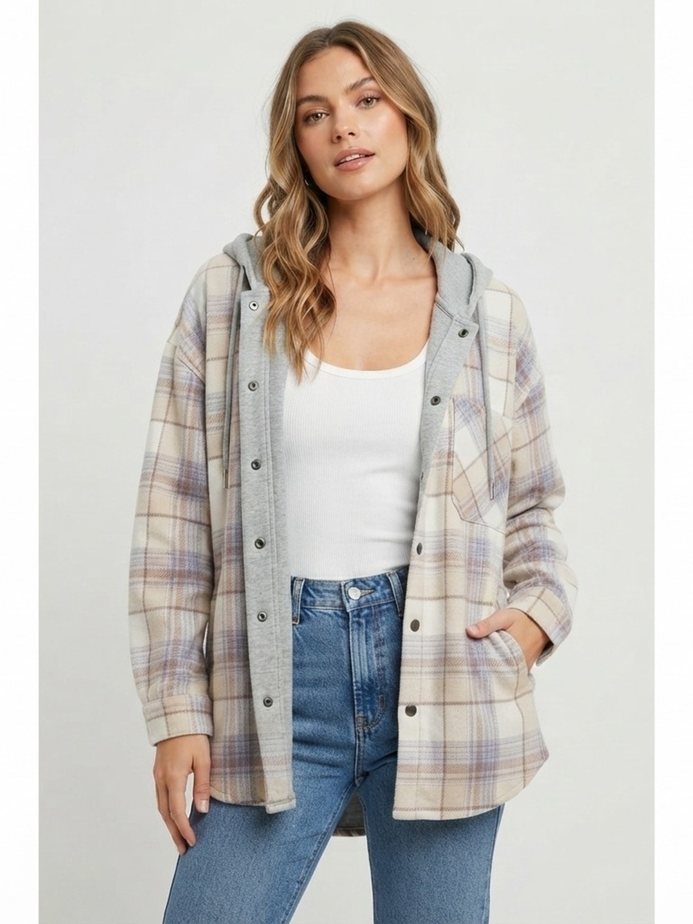 Plaid Hooded Utility Shacket in Cream and Gray
